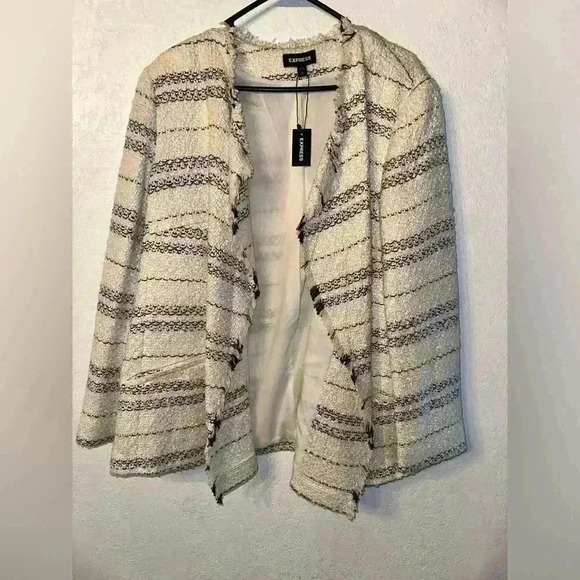 Express Open Front Blazer Womens Size XL Cream W Black - Picture 2 of 5